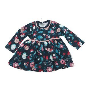 Polarn O. Pyret Baby Dress Floral & Animal Print Long Sleeve Organic Cotton 0-1M